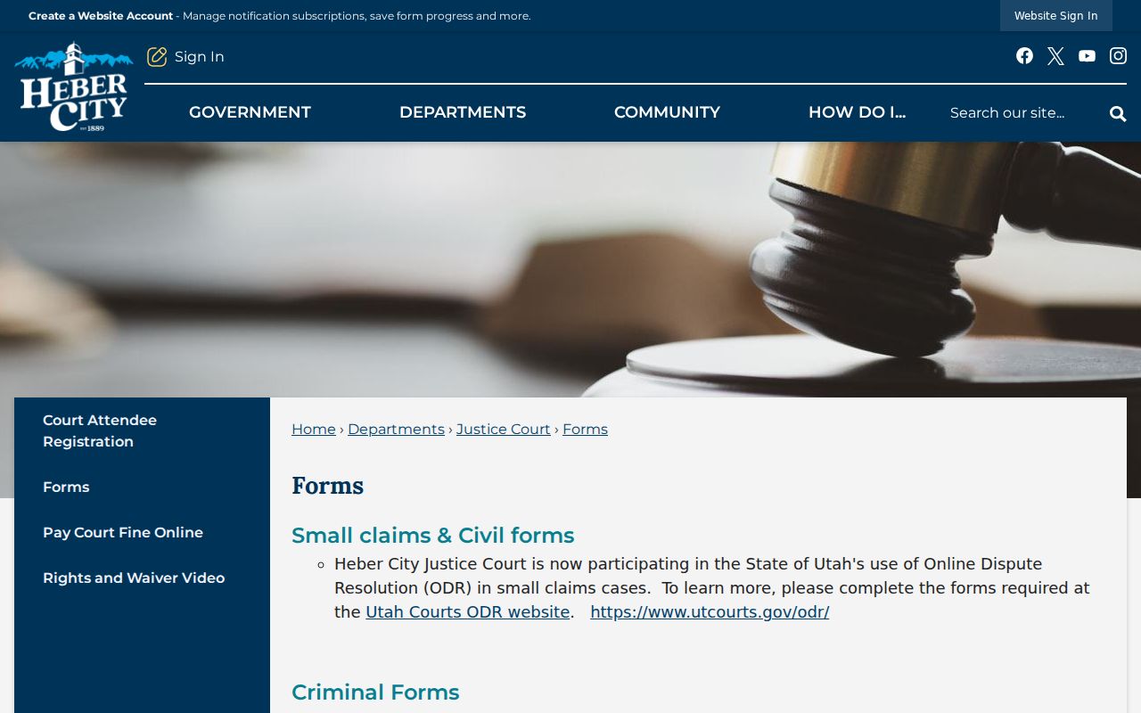 Official Heber City Justice Court forms page