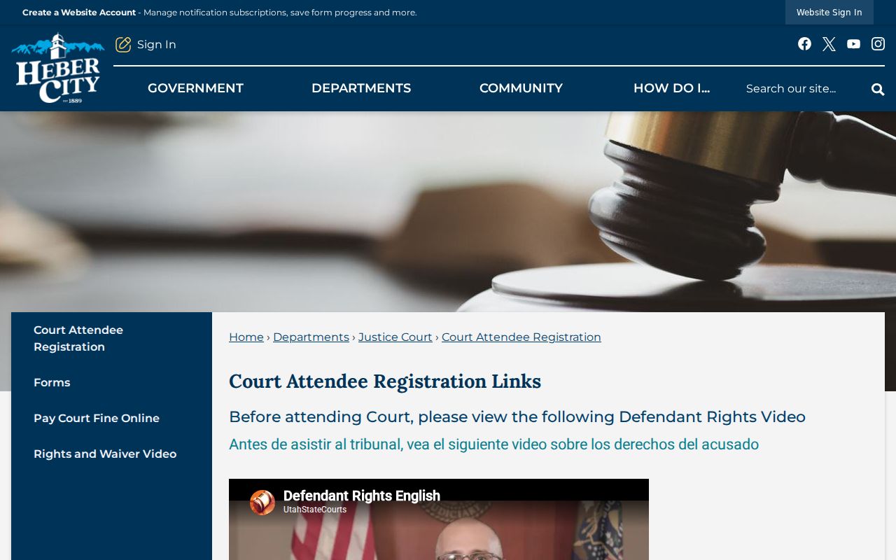 Heber City remote court attendee registration page for a Wasatch County municipal hearing
