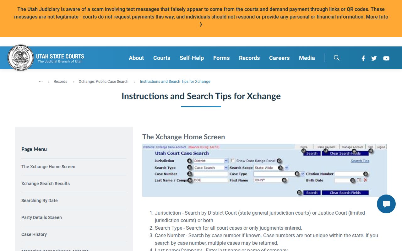 Xchange help listing fields for a Wasatch County case search