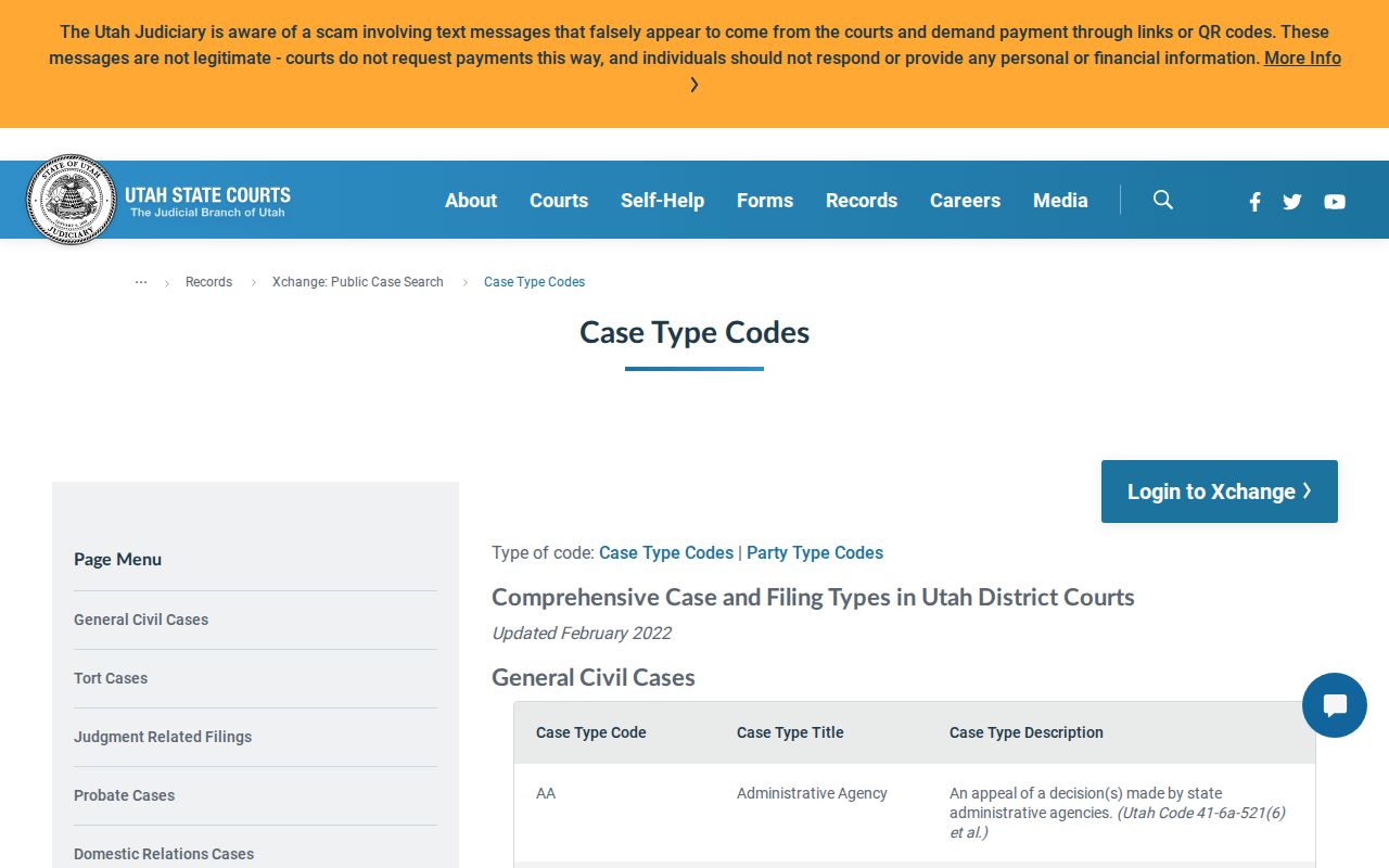 Utah case-type code list for Wasatch County Xchange results