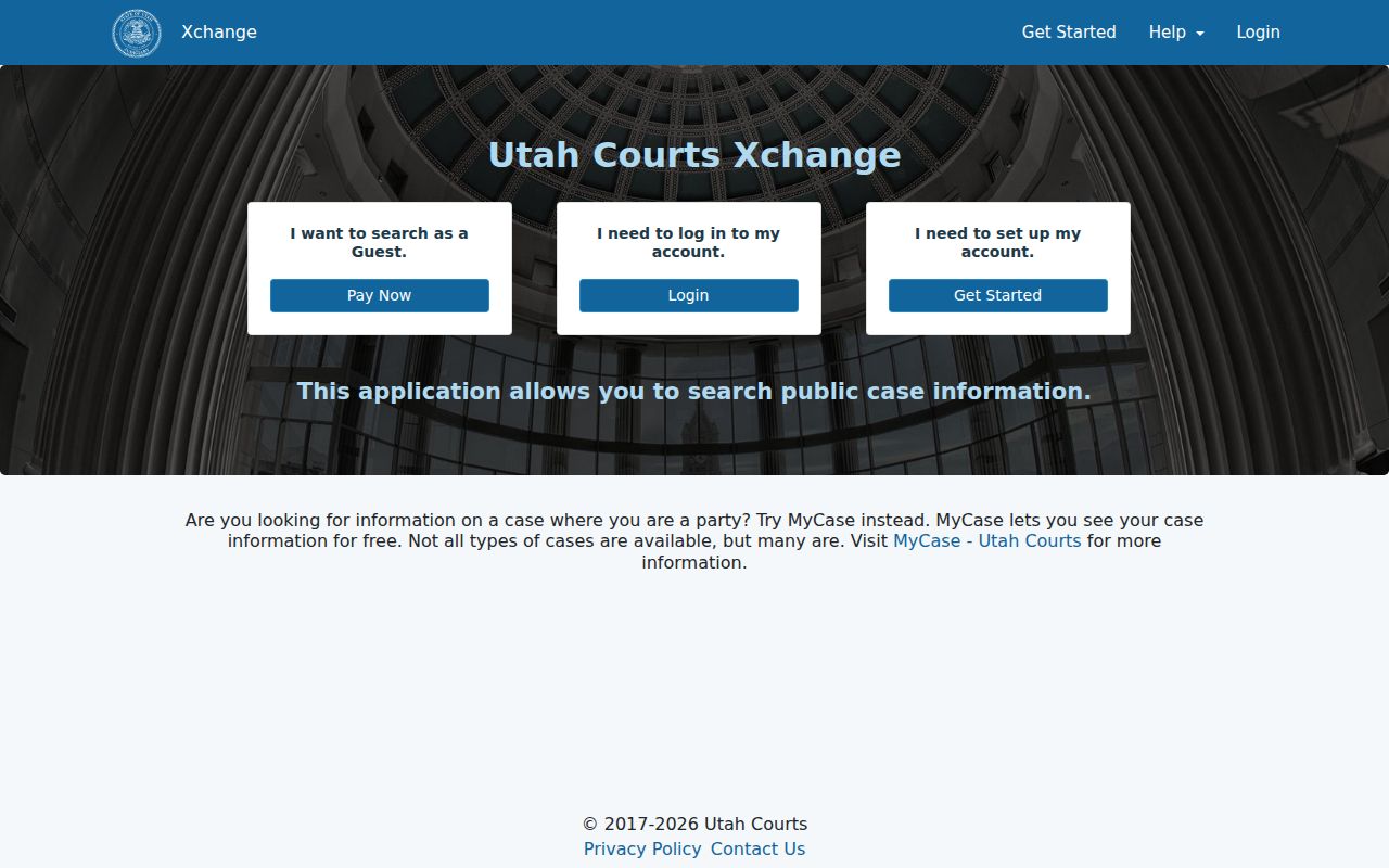 Utah Xchange landing page for a Wasatch County case lookup
