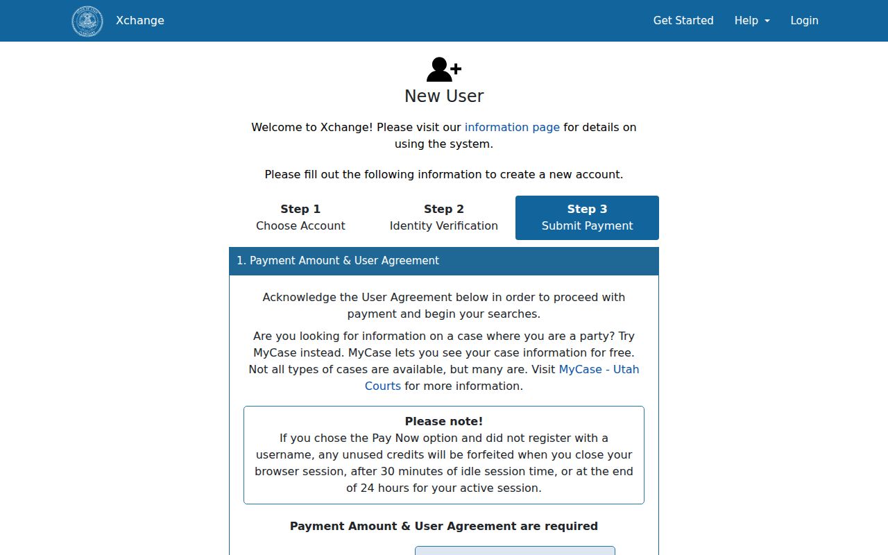 Xchange guest fee and login screen for Wasatch County public searches
