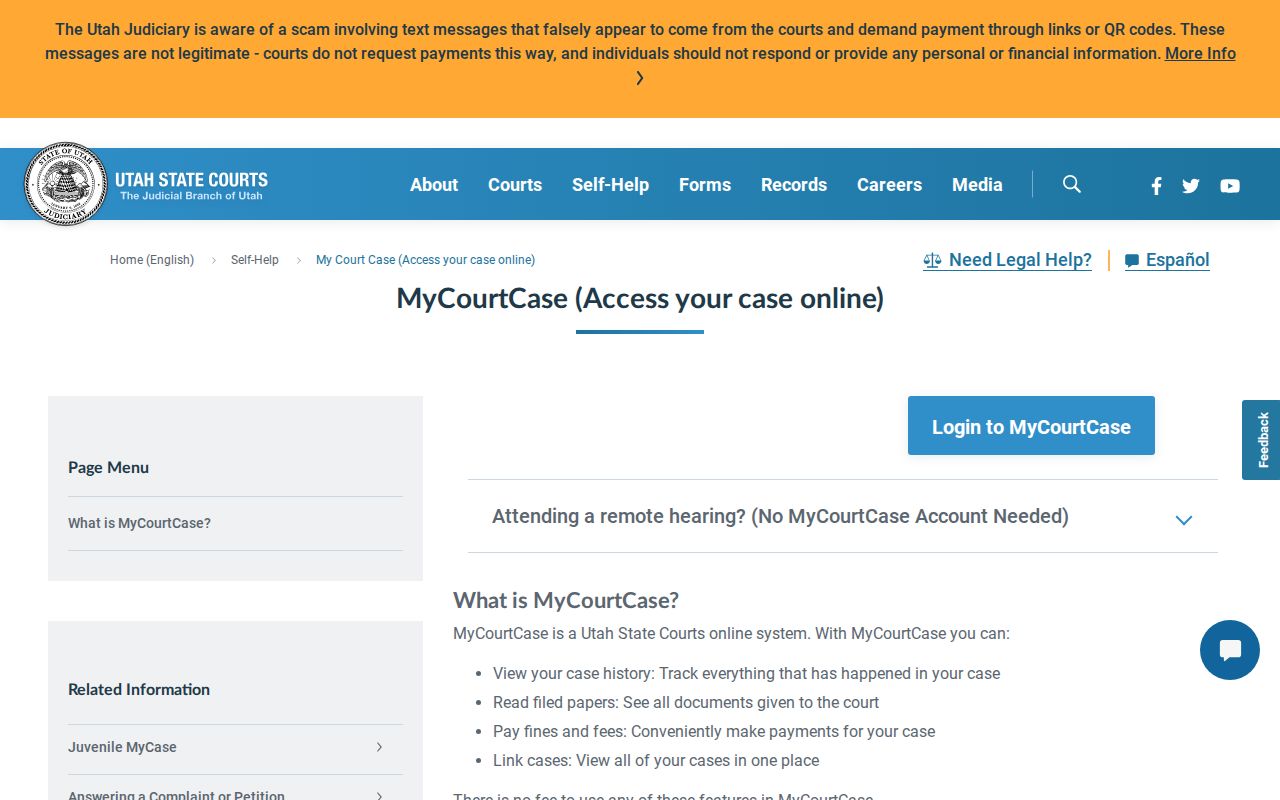 Utah MyCase page for free party access to Wasatch County cases