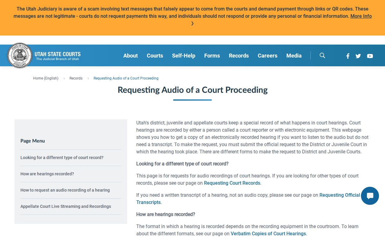Utah Courts audio and transcript request channels for Wasatch County cases