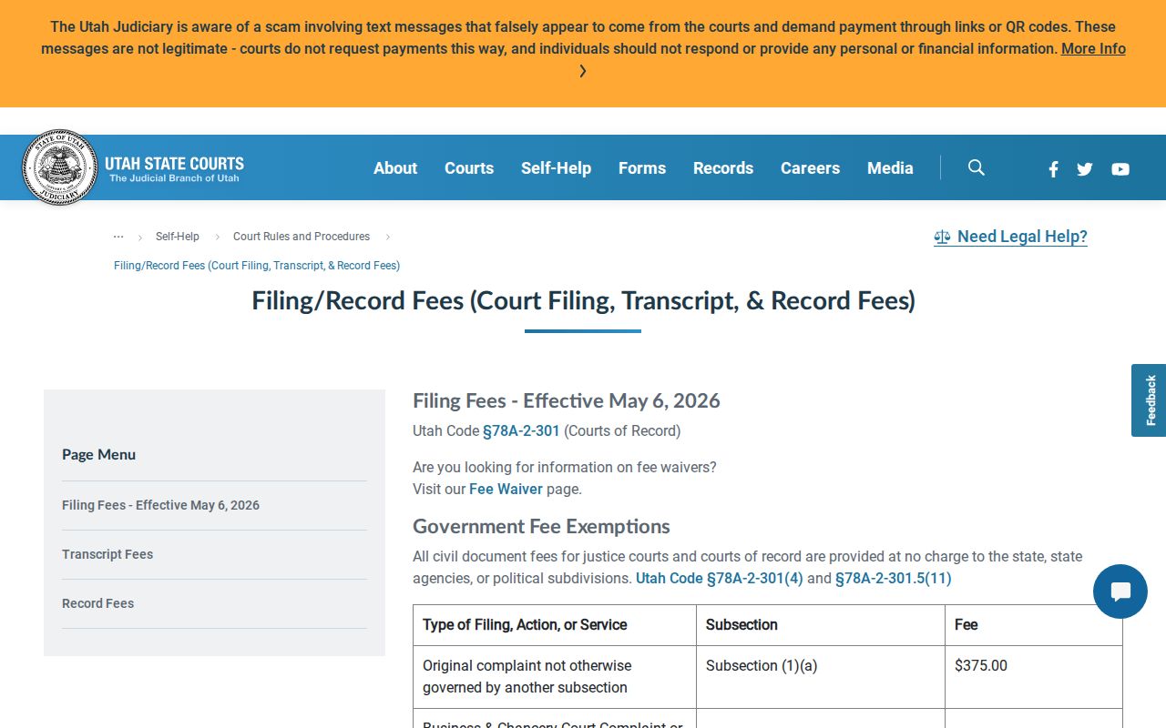 Utah certified-copy fee schedule for Wasatch County court records