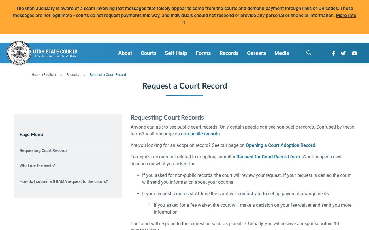 Utah request instructions for Wasatch County court records