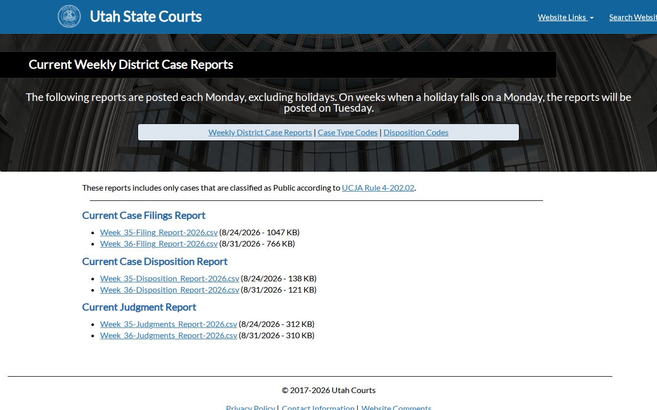 Utah Courts weekly public report interface for Wasatch County case activity